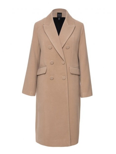 Μπεζ σταυροκουμπωτό παλτό, σε κανονική γραμμή, με πέτο γιακά, διπλά κουμπιά μπροστά και καπακωτές τσέπες Access