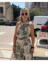Floral printed λαδί αμάνικη μπλούζα με κλειστή λαιμόκοψη, παρτούς ώμους, αποσπώμενο λουλούδι με πούπουλα και κλείσιμο με φερμουάρ στην πλάτη Access