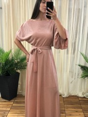 Ροζ lurex maxi ντραπέ φόρεμα με χαμόγελο λαιμόκοψη, ελαστική μέση και λάστιχο στο τελείωμα στο ένα μανίκι Access