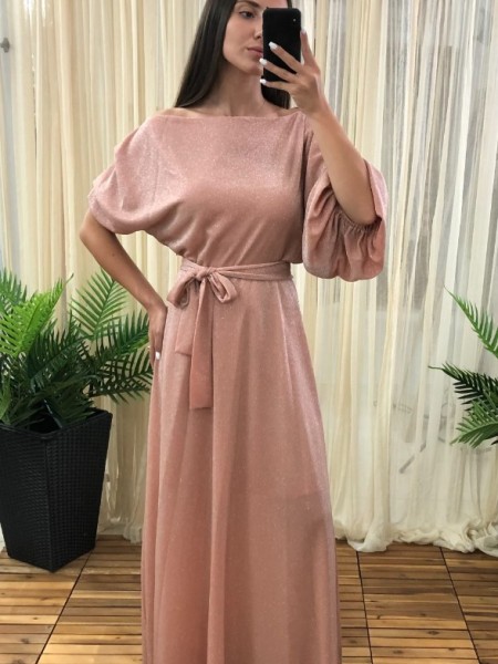 Ροζ lurex maxi ντραπέ φόρεμα με χαμόγελο λαιμόκοψη, ελαστική μέση και λάστιχο στο τελείωμα στο ένα μανίκι Access