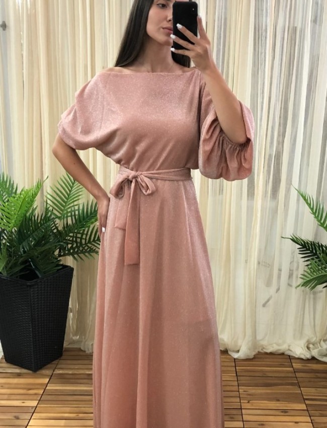 Ροζ lurex maxi ντραπέ φόρεμα με χαμόγελο λαιμόκοψη, ελαστική μέση και λάστιχο στο τελείωμα στο ένα μανίκι Access
