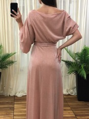 Ροζ lurex maxi ντραπέ φόρεμα με χαμόγελο λαιμόκοψη, ελαστική μέση και λάστιχο στο τελείωμα στο ένα μανίκι Access