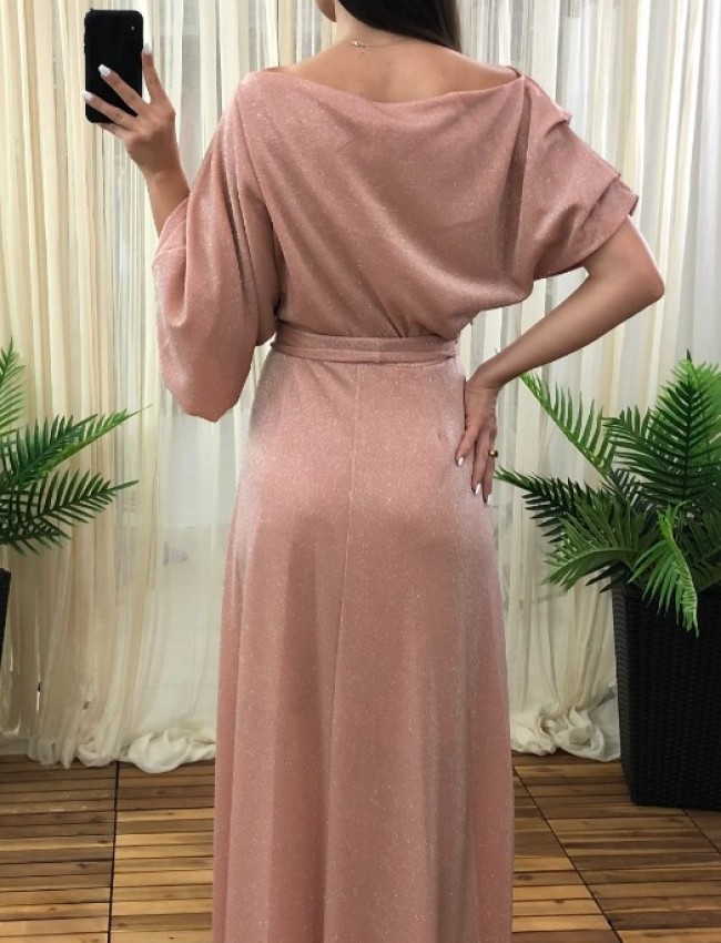 Ροζ lurex maxi ντραπέ φόρεμα με χαμόγελο λαιμόκοψη, ελαστική μέση και λάστιχο στο τελείωμα στο ένα μανίκι Access