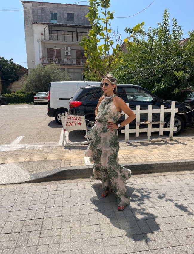 Floral printed λαδί αμάνικη μπλούζα με κλειστή λαιμόκοψη, παρτούς ώμους, αποσπώμενο λουλούδι με πούπουλα και κλείσιμο με φερμουάρ στην πλάτη Access