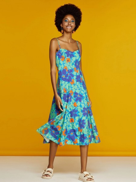 Floral printed μπλε-πράσινο αμάνικο midi φόρεμα σε κλος γραμμή κάτω, με λεπτή ρυθμιζόμενη τιράντα και ανοιχτή πλάτη Access