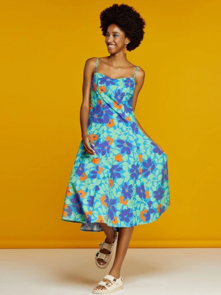 Floral printed μπλε-πράσινο αμάνικο midi φόρεμα σε κλος γραμμή κάτω, με λεπτή ρυθμιζόμενη τιράντα και ανοιχτή πλάτη Access