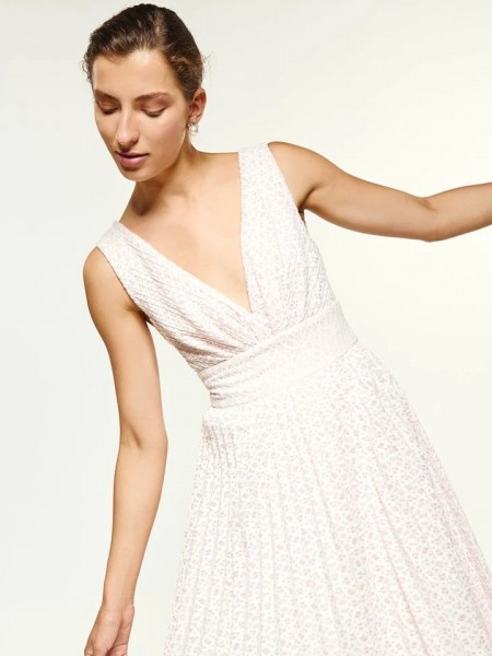 Ροζ midi αμάνικο πλισέ φόρεμα με λευκή broderie δαντέλα, V-λαιμόκοψη και σταθερή μέση Access