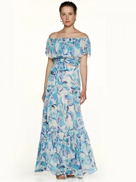 Floral printed σιελ ψηλόμεση maxi μουσελίνα φούστα με βολάν σε επίπεδα και κλείσιμο με κρυφό φερμουάρ πίσω Access