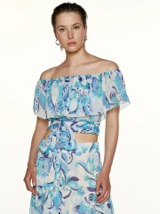 Floral printed σιελ cropped μουσελίνα μπλούζα με λάστιχο στους έξω ώμους, βολάν και μη αποσπώμενη ζώνη δέσιμο στο τελείωμα Access