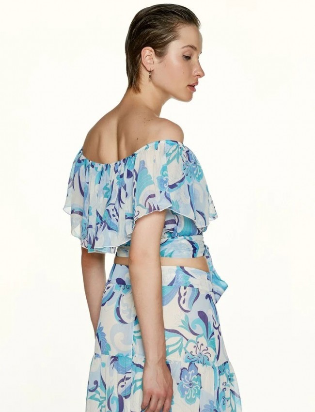 Floral printed σιελ cropped μουσελίνα μπλούζα με λάστιχο στους έξω ώμους, βολάν και μη αποσπώμενη ζώνη δέσιμο στο τελείωμα Access