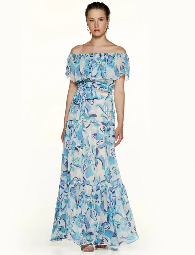 Floral printed σιελ cropped μουσελίνα μπλούζα με λάστιχο στους έξω ώμους, βολάν και μη αποσπώμενη ζώνη δέσιμο στο τελείωμα Access