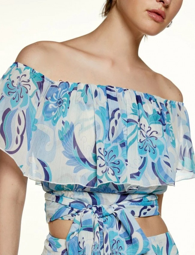 Floral printed σιελ cropped μουσελίνα μπλούζα με λάστιχο στους έξω ώμους, βολάν και μη αποσπώμενη ζώνη δέσιμο στο τελείωμα Access
