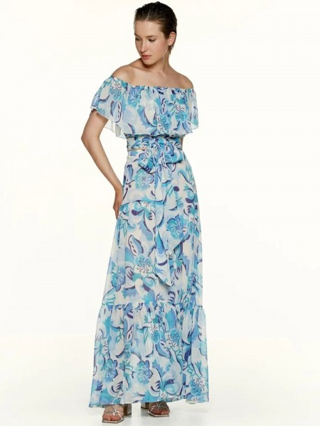 Floral printed σιελ cropped μουσελίνα μπλούζα με λάστιχο στους έξω ώμους, βολάν και μη αποσπώμενη ζώνη δέσιμο στο τελείωμα Access