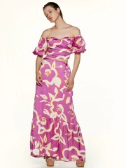 Floral printed φούξια maxi σατέν κρουαζέ φούστα με βολάν στο τελείωμα Access