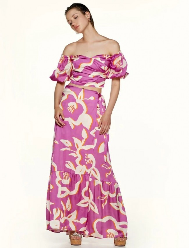 Floral printed φούξια maxi σατέν κρουαζέ φούστα με βολάν στο τελείωμα Access