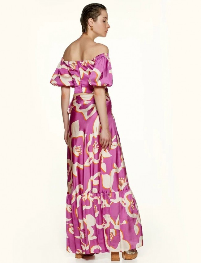 Floral printed φούξια maxi σατέν κρουαζέ φούστα με βολάν στο τελείωμα Access