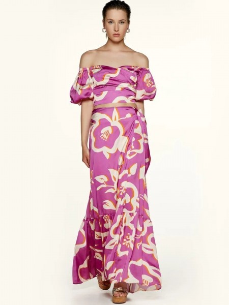 Floral printed φούξια maxi σατέν κρουαζέ φούστα με βολάν στο τελείωμα Access