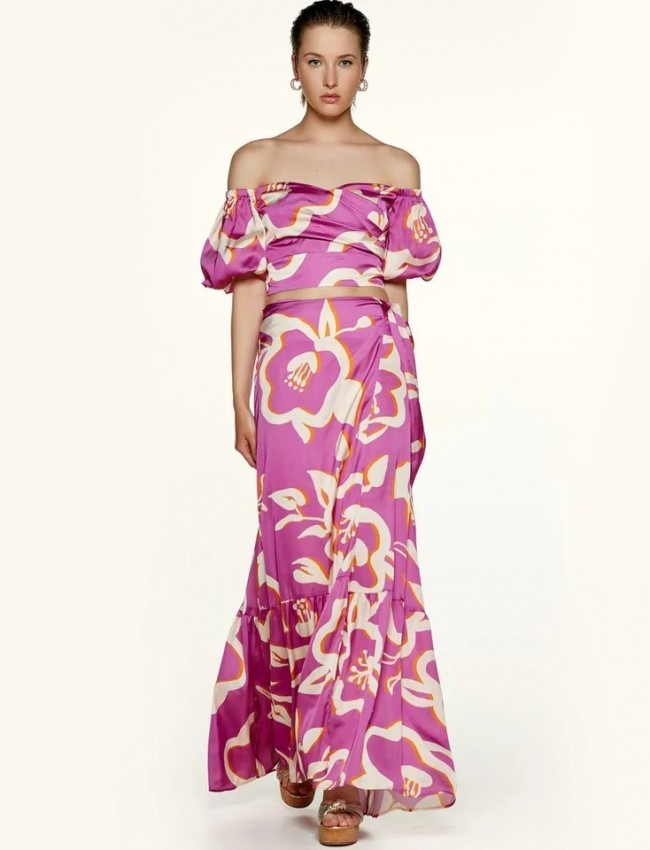 Floral printed φούξια maxi σατέν κρουαζέ φούστα με βολάν στο τελείωμα Access