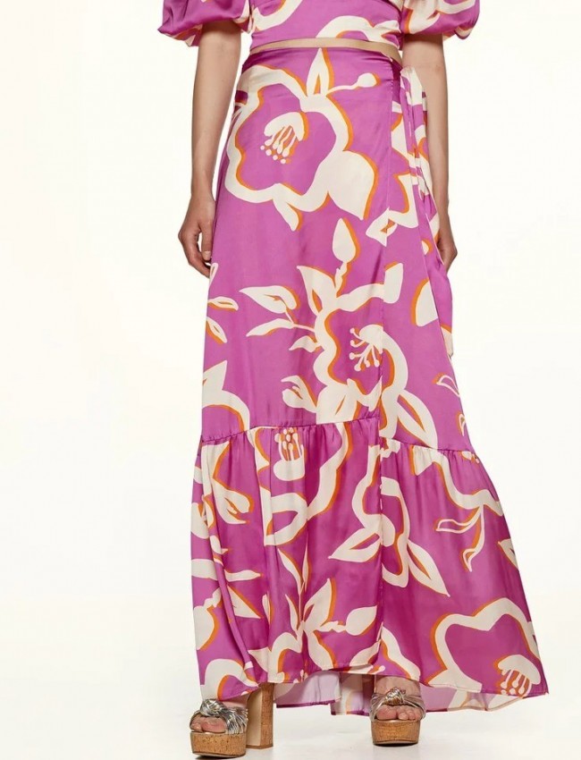 Floral printed φούξια maxi σατέν κρουαζέ φούστα με βολάν στο τελείωμα Access