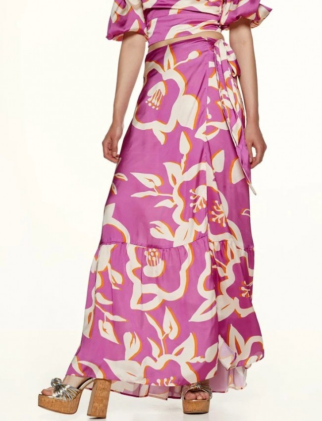 Floral printed φούξια maxi σατέν κρουαζέ φούστα με βολάν στο τελείωμα Access