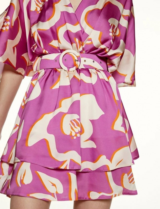 Floral printed φούξια κρουαζέ κοντό σατέν φόρεμα με ελαστική μέση, διπλό βολάν στο τελείωμα και αποσπώμενη ζώνη Access