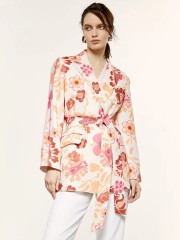 Floral printed εκρού κρεπ μακρύ σακάκι χωρίς κουμπιά, με σατέν ρεβέρ στα μανίκια, μπροστινές τσέπες και αποσπώμενη ζώνη Access