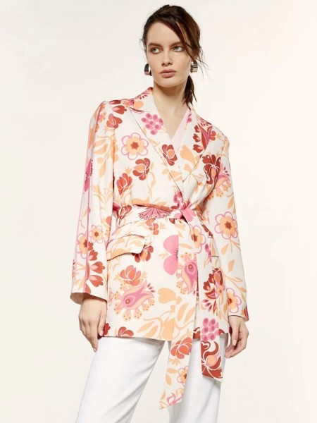Floral printed εκρού κρεπ μακρύ σακάκι χωρίς κουμπιά, με σατέν ρεβέρ στα μανίκια, μπροστινές τσέπες και αποσπώμενη ζώνη Access