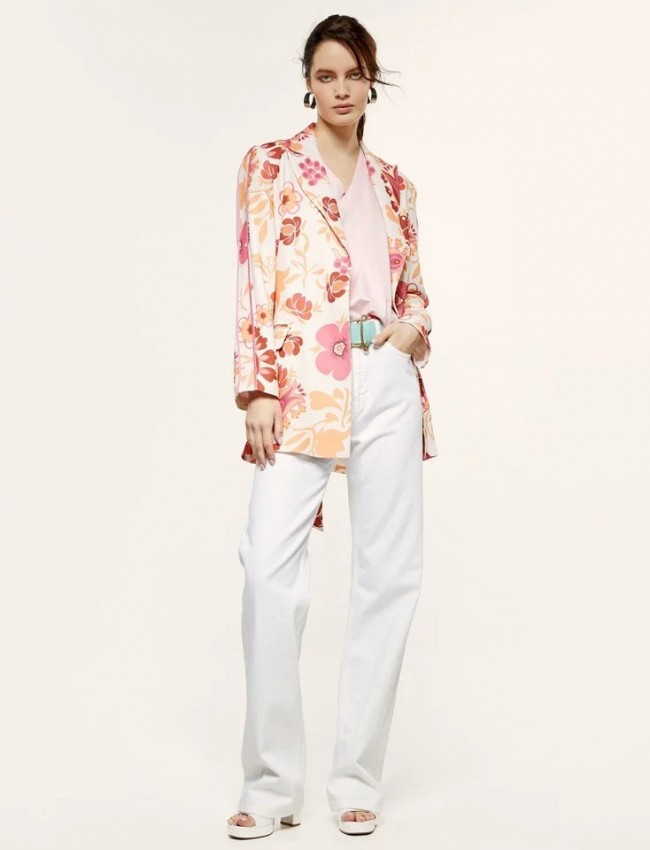 Floral printed εκρού κρεπ μακρύ σακάκι χωρίς κουμπιά, με σατέν ρεβέρ στα μανίκια, μπροστινές τσέπες και αποσπώμενη ζώνη Access