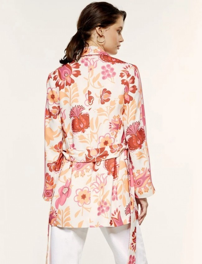 Floral printed εκρού κρεπ μακρύ σακάκι χωρίς κουμπιά, με σατέν ρεβέρ στα μανίκια, μπροστινές τσέπες και αποσπώμενη ζώνη Access