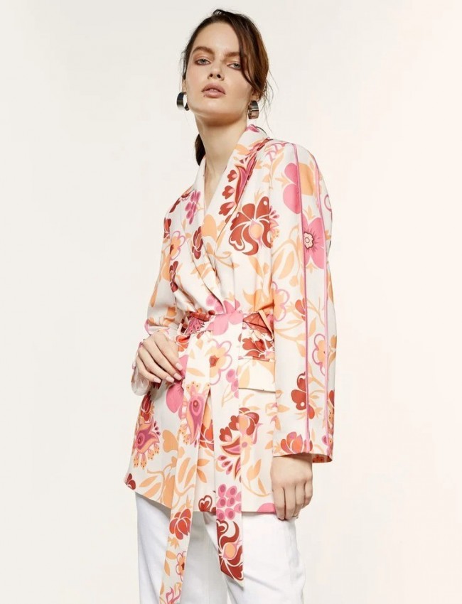 Floral printed εκρού κρεπ μακρύ σακάκι χωρίς κουμπιά, με σατέν ρεβέρ στα μανίκια, μπροστινές τσέπες και αποσπώμενη ζώνη Access