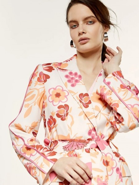Floral printed εκρού κρεπ μακρύ σακάκι χωρίς κουμπιά, με σατέν ρεβέρ στα μανίκια, μπροστινές τσέπες και αποσπώμενη ζώνη Access