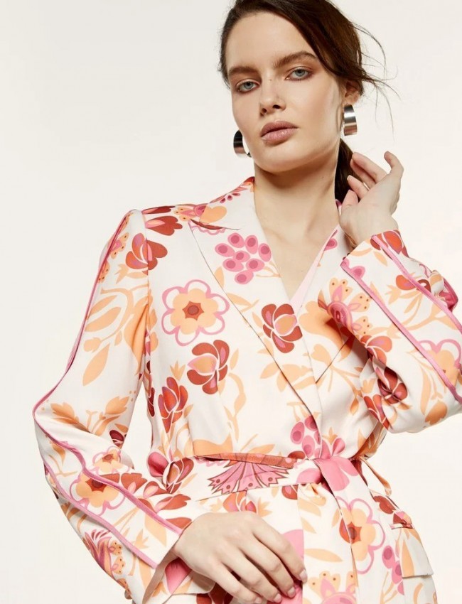 Floral printed εκρού κρεπ μακρύ σακάκι χωρίς κουμπιά, με σατέν ρεβέρ στα μανίκια, μπροστινές τσέπες και αποσπώμενη ζώνη Access