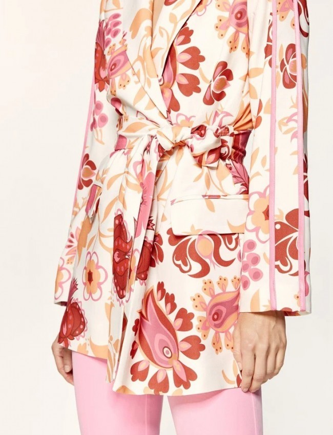 Floral printed εκρού κρεπ μακρύ σακάκι χωρίς κουμπιά, με σατέν ρεβέρ στα μανίκια, μπροστινές τσέπες και αποσπώμενη ζώνη Access