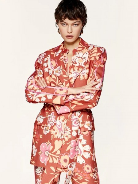 Floral printed κεραμιδί κρεπ μακρύ σακάκι χωρίς κουμπιά, με σατέν ρεβέρ στα μανίκια, μπροστινές τσέπες και αποσπώμενη ζώνη Access