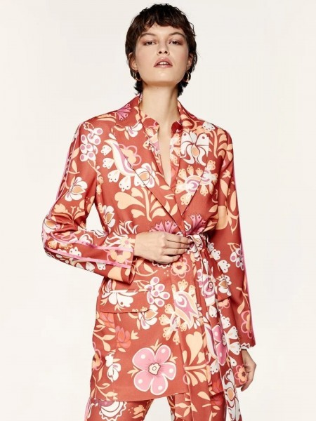 Floral printed κεραμιδί κρεπ μακρύ σακάκι χωρίς κουμπιά, με σατέν ρεβέρ στα μανίκια, μπροστινές τσέπες και αποσπώμενη ζώνη Access