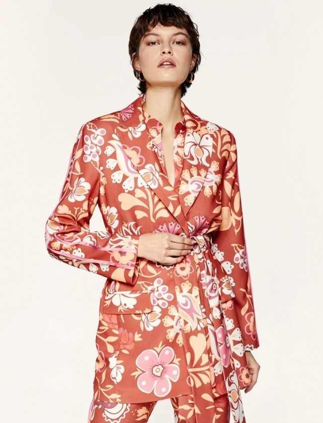 Floral printed κεραμιδί κρεπ μακρύ σακάκι χωρίς κουμπιά, με σατέν ρεβέρ στα μανίκια, μπροστινές τσέπες και αποσπώμενη ζώνη Access