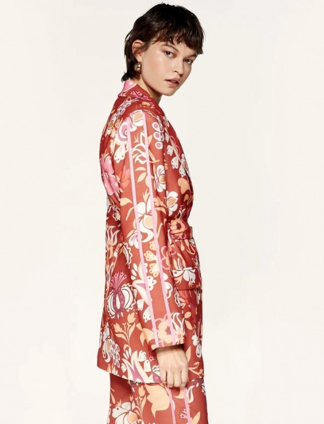 Floral printed κεραμιδί κρεπ μακρύ σακάκι χωρίς κουμπιά, με σατέν ρεβέρ στα μανίκια, μπροστινές τσέπες και αποσπώμενη ζώνη Access