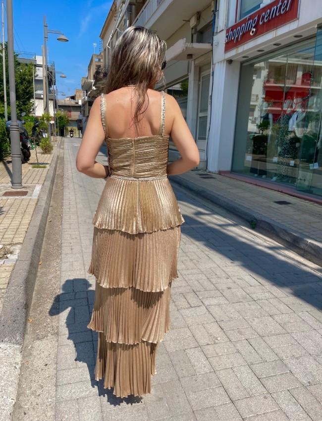 Χρυσό μεταλλιζέ πλισέ cropped τοπ, με τιράντες, ανοιχτή τετράγωνη λαιμόκοψη, λεπτομέρειες με διακοσμητικά strass και κλείσιμο με φερμουάρ πίσω Access  
