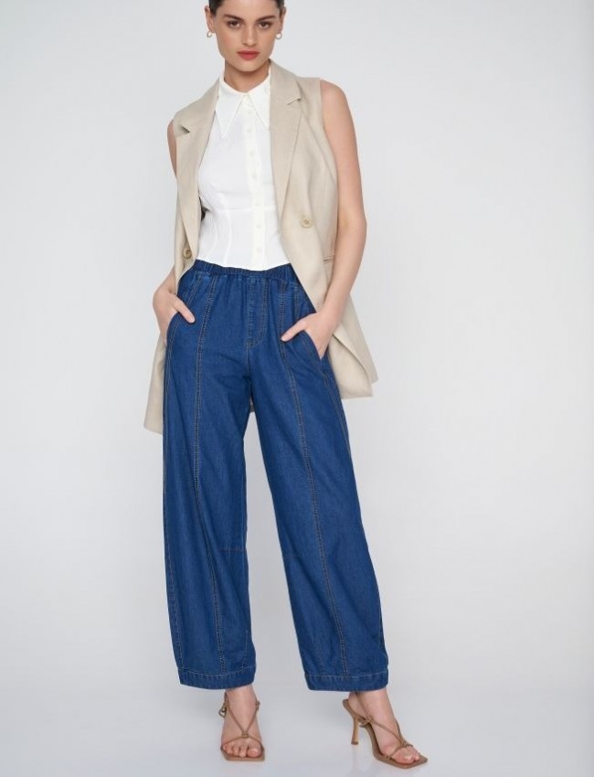 Blue jean tencel παντελόνα slouchy fit, με διακοσμητικά γαζιά, πλαϊνές τσέπες και λάστιχο στην μέση Ale 