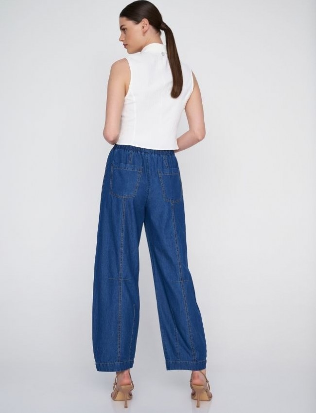 Blue jean tencel παντελόνα slouchy fit, με διακοσμητικά γαζιά, πλαϊνές τσέπες και λάστιχο στην μέση Ale 