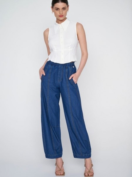 Blue jean tencel παντελόνα slouchy fit, με διακοσμητικά γαζιά, πλαϊνές τσέπες και λάστιχο στην μέση Ale 