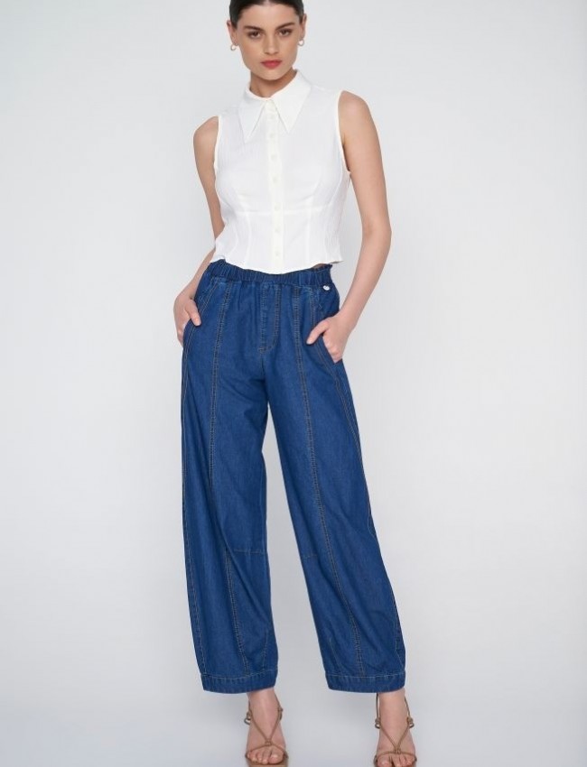 Blue jean tencel παντελόνα slouchy fit, με διακοσμητικά γαζιά, πλαϊνές τσέπες και λάστιχο στην μέση Ale 