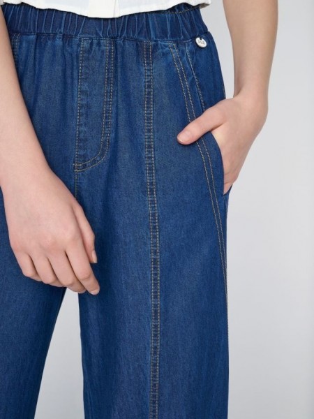 Blue jean tencel παντελόνα slouchy fit, με διακοσμητικά γαζιά, πλαϊνές τσέπες και λάστιχο στην μέση Ale 