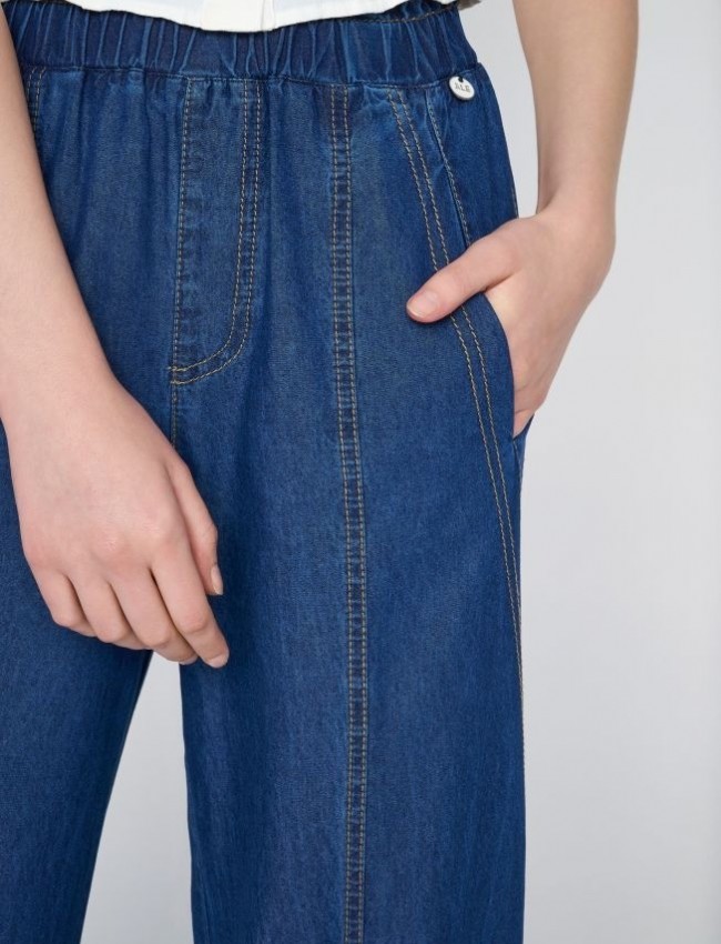 Blue jean tencel παντελόνα slouchy fit, με διακοσμητικά γαζιά, πλαϊνές τσέπες και λάστιχο στην μέση Ale 