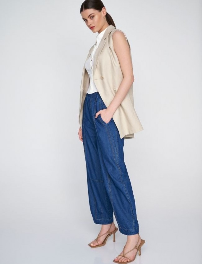 Blue jean tencel παντελόνα slouchy fit, με διακοσμητικά γαζιά, πλαϊνές τσέπες και λάστιχο στην μέση Ale 
