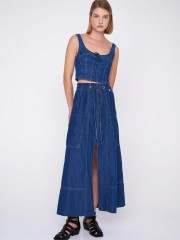 Blue jean tencel ψηλόμεση maxi φούστα σε Α- γραμμή, με μπροστινό σκίσιμο, τετράγωνες μεγάλες τσέπες και λάστιχο με κορδόνι στην μέση Ale