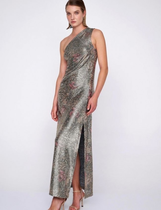 Floral printed χρυσό μεταλλιζέ maxi φόρεμα με έναν ώμο, σε εφαρμοστή γραμμή, μικρές σούρες μπροστά και πλαϊνό σκίσιμο Ale 