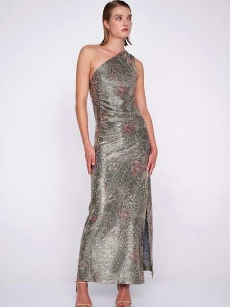 Floral printed χρυσό μεταλλιζέ maxi φόρεμα με έναν ώμο, σε εφαρμοστή γραμμή, μικρές σούρες μπροστά και πλαϊνό σκίσιμο Ale 