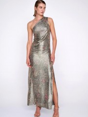 Floral printed χρυσό μεταλλιζέ maxi φόρεμα με έναν ώμο, σε εφαρμοστή γραμμή, μικρές σούρες μπροστά και πλαϊνό σκίσιμο Ale 