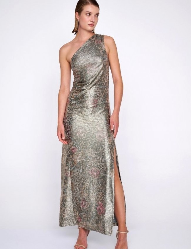 Floral printed χρυσό μεταλλιζέ maxi φόρεμα με έναν ώμο, σε εφαρμοστή γραμμή, μικρές σούρες μπροστά και πλαϊνό σκίσιμο Ale 
